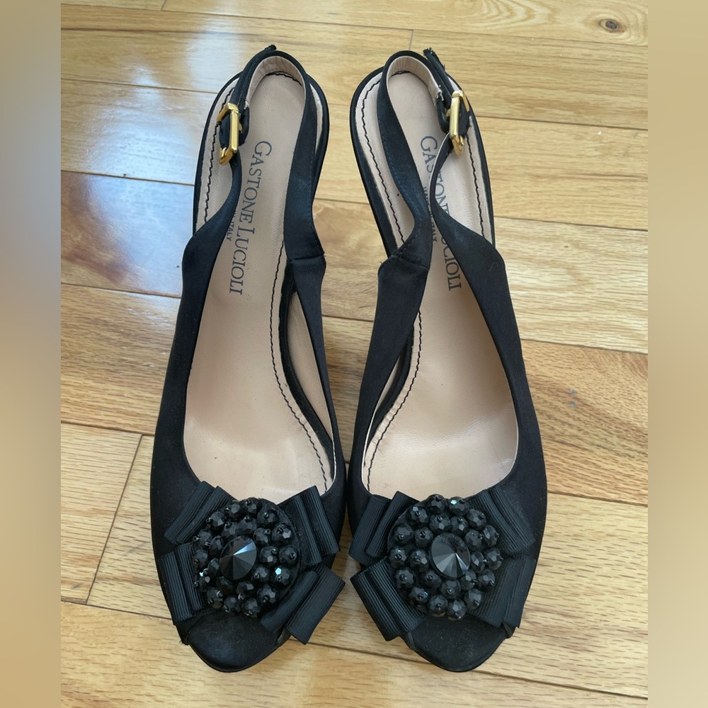 Gastone Lucioli Women’s Black Satin Peep Toe Heels